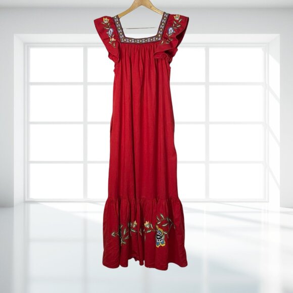 FARM RIO XL Embroidered Linen-Blend Maxi Dress Pockets Boho Festival - Picture 3 of 14